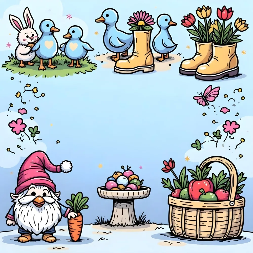 A Bunny With An Easter Egg Three Blue Ducks Flowers In A Yellow Boot A Gnome With A Carrot And A Basket With Vegetables In A Blue Sky 83 5050