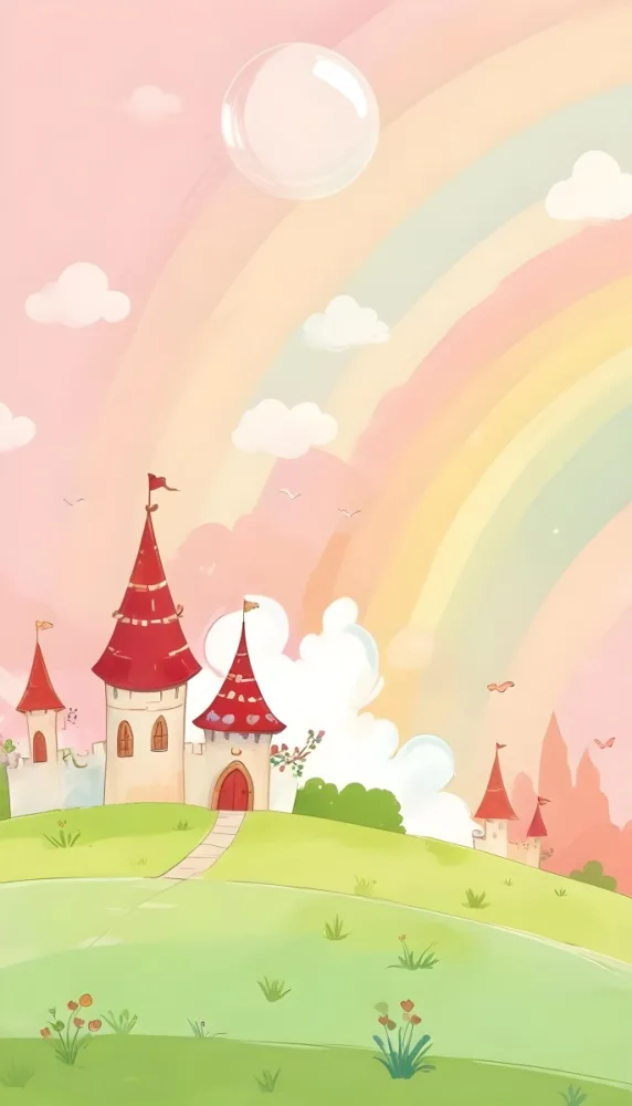 A Cartoon Castle With Red Roofs And Heart Shaped Weather Vanes Set Against A Pastel Rainbow And Cloud Background With Whimsical Plants And A Bubble Floating Above 1 A012