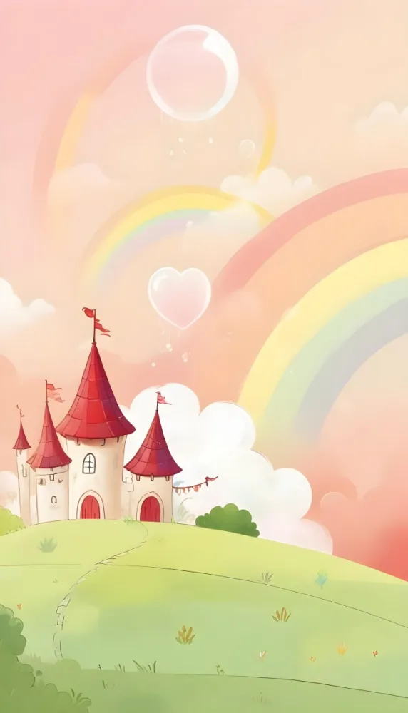 A Cartoon Castle With Red Roofs And Heart Shaped Weather Vanes Set Against A Pastel Rainbow And Cloud Background With Whimsical Plants And A Bubble Floating Above 10 6f70