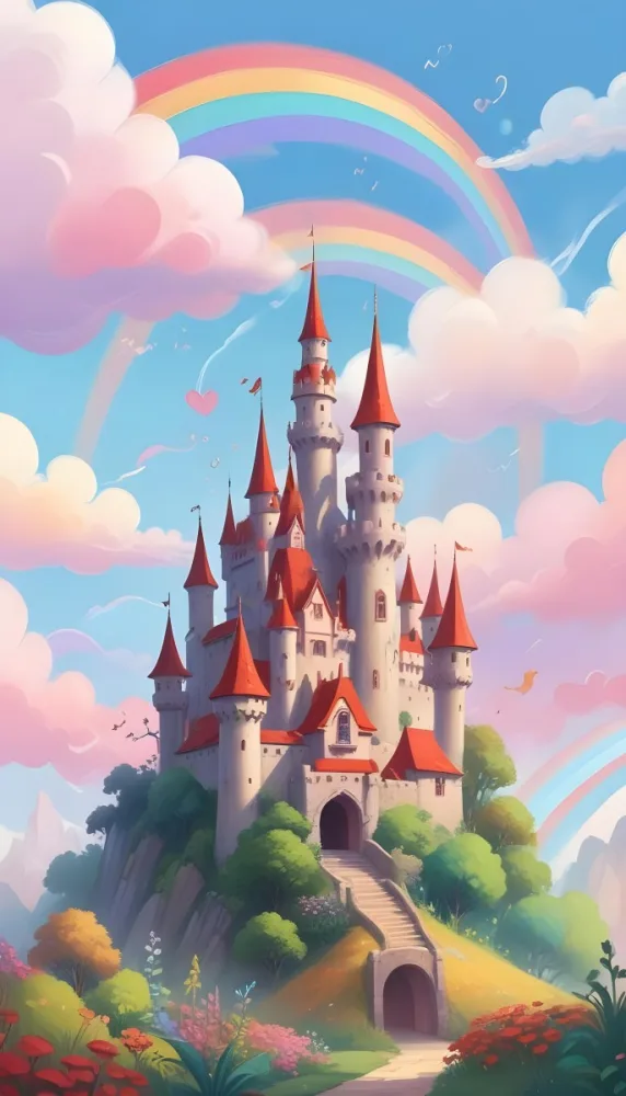 A Cartoon Castle With Red Roofs And Heart Shaped Weather Vanes Set Against A Pastel Rainbow And Cloud Background With Whimsical Plants And A Bubble Floating Above 18 0ae8