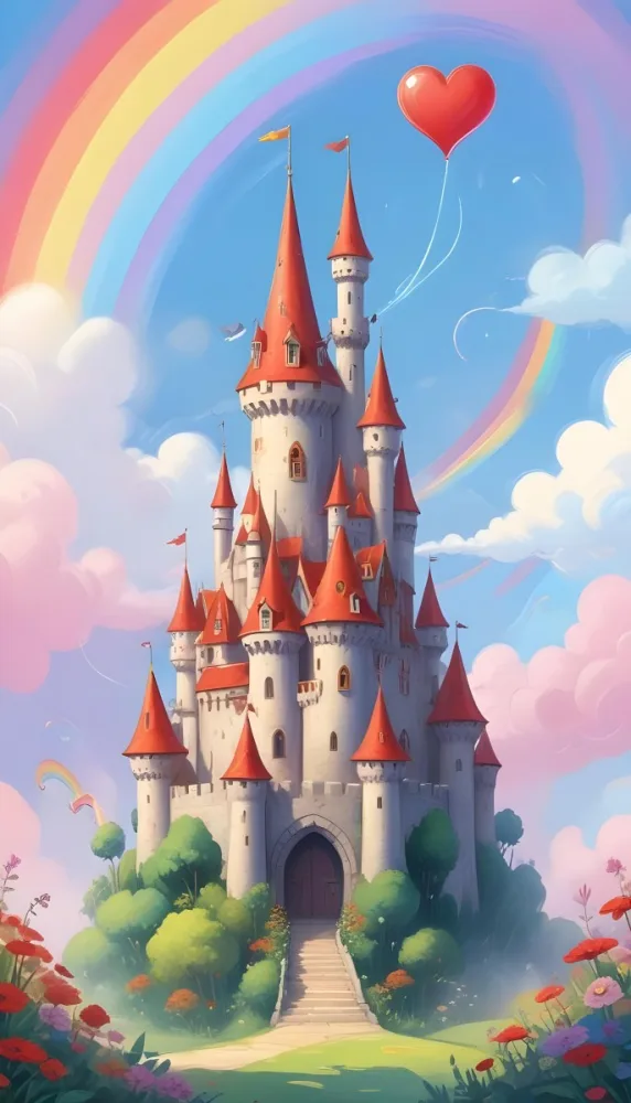 A Cartoon Castle With Red Roofs And Heart Shaped Weather Vanes Set Against A Pastel Rainbow And Cloud Background With Whimsical Plants And A Bubble Floating Above 19 4b7e