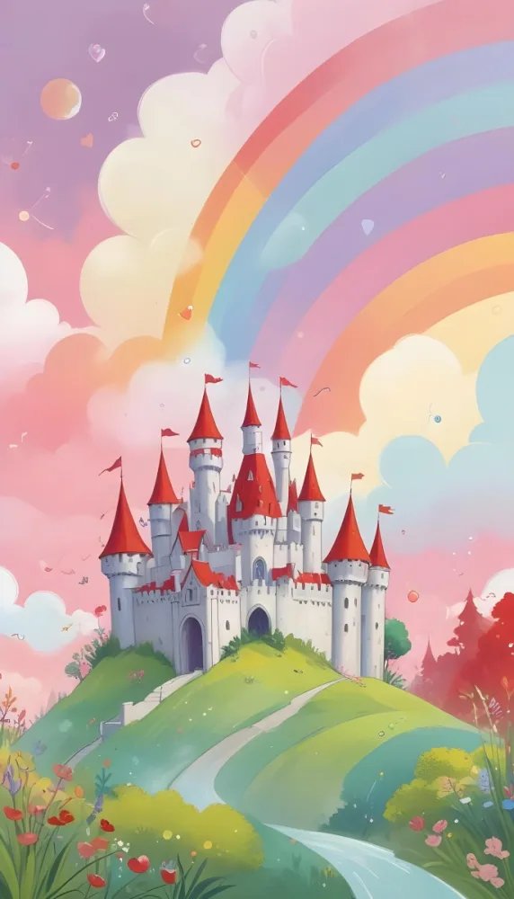 A Cartoon Castle With Red Roofs And Heart Shaped Weather Vanes Set Against A Pastel Rainbow And Cloud Background With Whimsical Plants And A Bubble Floating Above 20 Ac9a