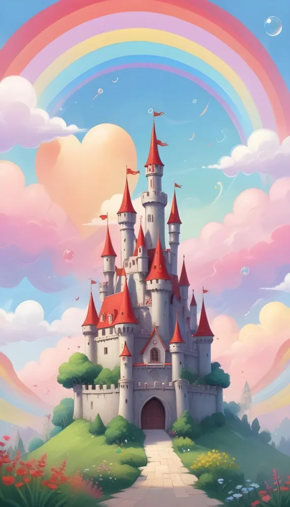 A Cartoon Castle With Red Roofs And Heart Shaped Weather Vanes Set Against A Pastel Rainbow And Cloud Background With Whimsical Plants And A Bubble Floating Above 21 Eae7