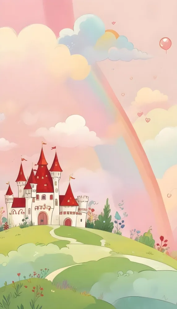 A Cartoon Castle With Red Roofs And Heart Shaped Weather Vanes Set Against A Pastel Rainbow And Cloud Background With Whimsical Plants And A Bubble Floating Above 4 F837
