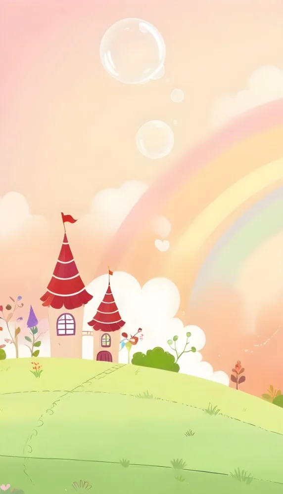 A Cartoon Castle With Red Roofs And Heart Shaped Weather Vanes Set Against A Pastel Rainbow And Cloud Background With Whimsical Plants And A Bubble Floating Above 5 C396