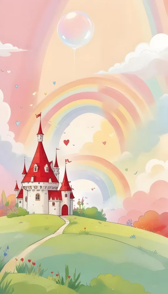 A Cartoon Castle With Red Roofs And Heart Shaped Weather Vanes Set Against A Pastel Rainbow And Cloud Background With Whimsical Plants And A Bubble Floating Above 6 596d