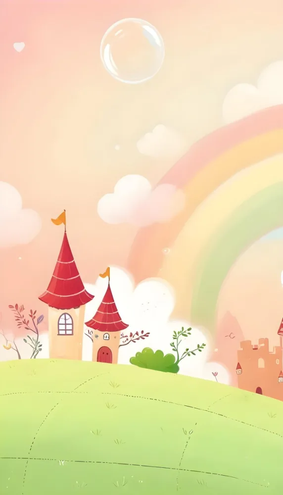 A Cartoon Castle With Red Roofs And Heart Shaped Weather Vanes Set Against A Pastel Rainbow And Cloud Background With Whimsical Plants And A Bubble Floating Above 7 391f