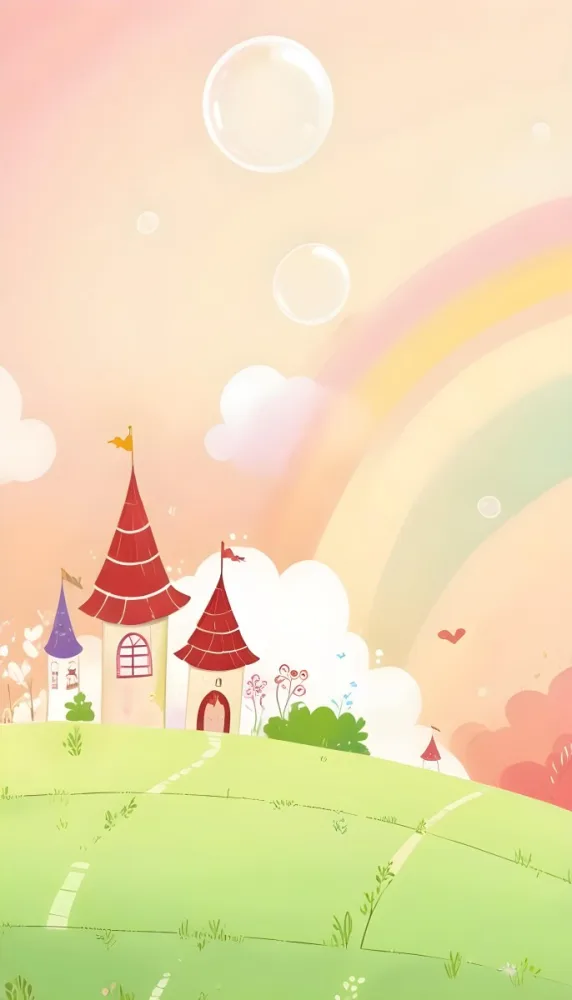 A Cartoon Castle With Red Roofs And Heart Shaped Weather Vanes Set Against A Pastel Rainbow And Cloud Background With Whimsical Plants And A Bubble Floating Above 8 Ab82