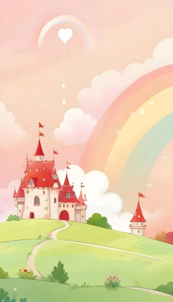 A Cartoon Castle With Red Roofs And Heart Shaped Weather Vanes Set Against A Pastel Rainbow And Cloud Background With Whimsical Plants And A Bubble Floating Above 9 0c2c