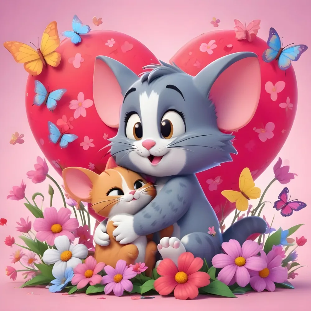 A Cartoon Cat And Kitten Sitting In A Field Of Flowers Surrounded By Butterflies And Hearts The Cat Has Large Ears And A Friendly Expression While The Kitten Is Cuddled Up Next To It The Background 3 3abc