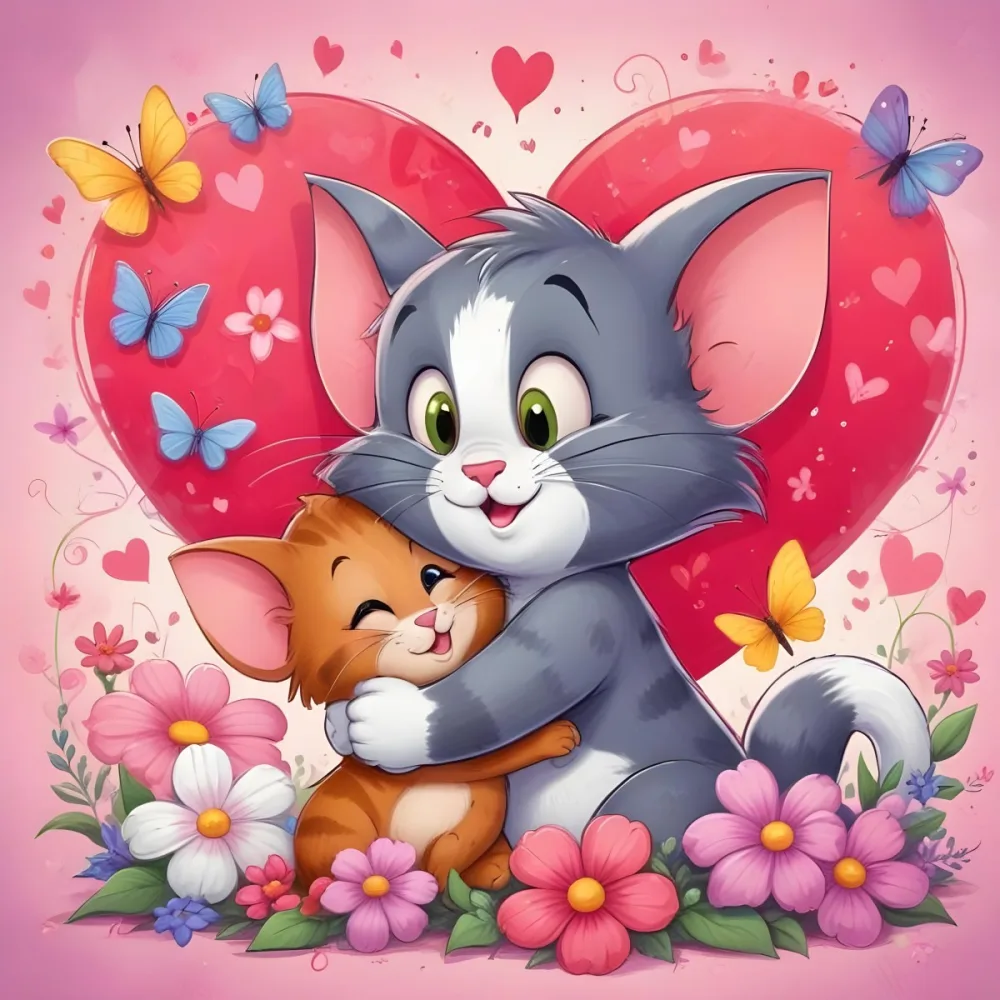A Cartoon Cat And Kitten Sitting In A Field Of Flowers Surrounded By Butterflies And Hearts The Cat Has Large Ears And A Friendly Expression While The Kitten Is Cuddled Up Next To It The Background 4 5e0c
