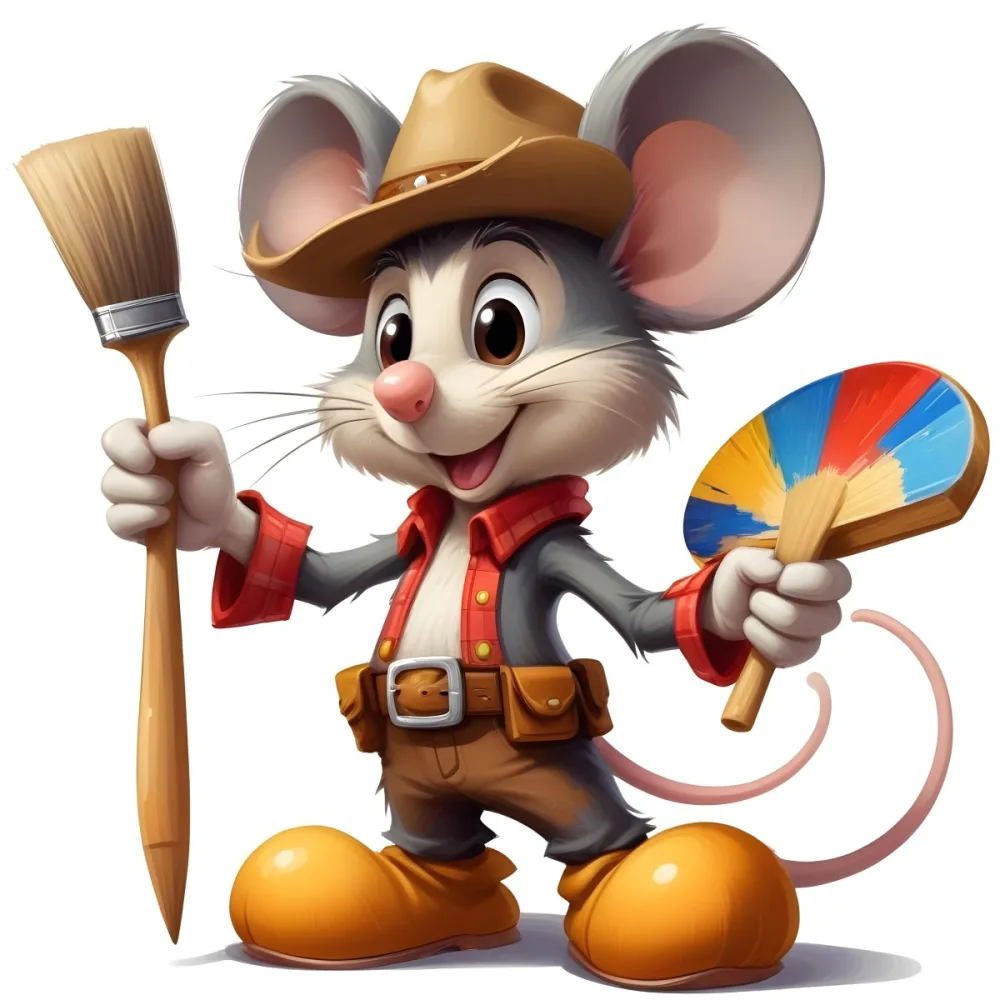 A Cartoon Mouse Character Wearing A Cowboy Hat And Holding A Paintbrush And Palette With A Friendly And Expressive Facial Expression 8 2e6a