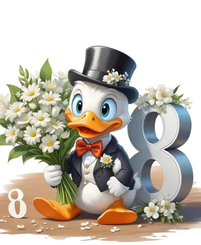 A Cartoon Penguin Wearing A Black Top Hat And Bow Tie Holding A Bouquet Of White Flowers Sitting Next To The Number 88 3 B275