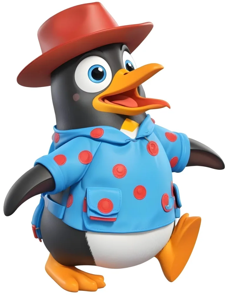A Cartoon Penguin Wearing A Red Hat And A Blue Polka Dot Shirt With A Surprised Expression On Its Face 1 D7ee