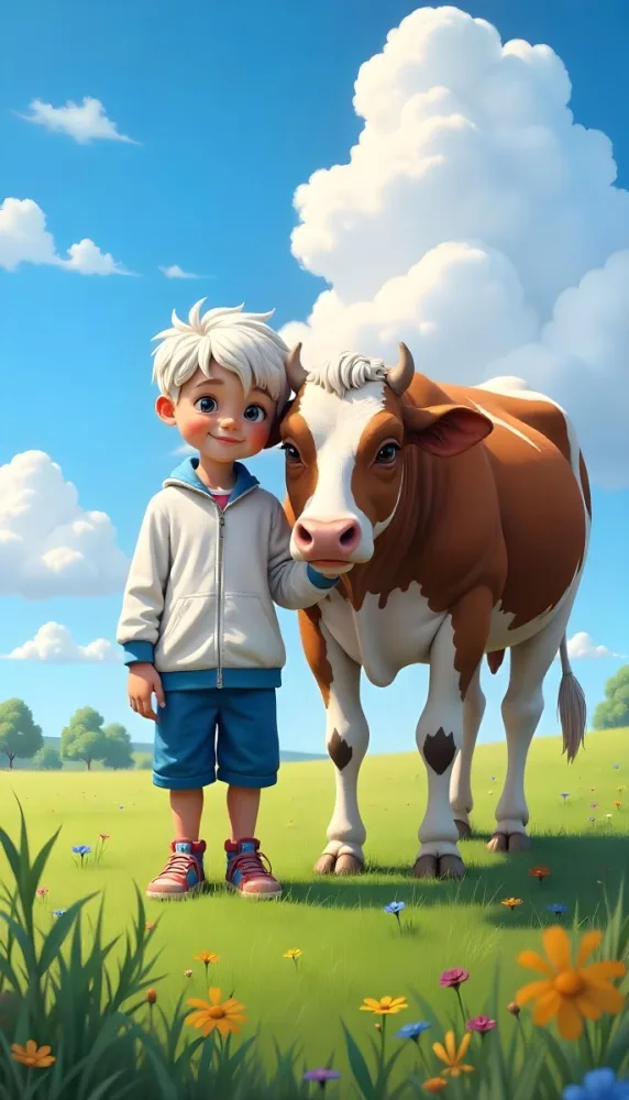 A Caucasian Boy 7 Years Old With White Hair And An White Tracksuit Next To A Blue Cow In A Green Field With A Blue Sky 13 92a1