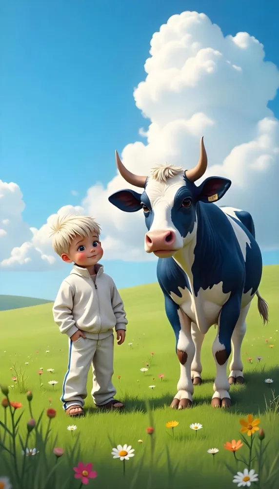 A Caucasian Boy 7 Years Old With White Hair And An White Tracksuit Next To A Blue Cow In A Green Field With A Blue Sky 19 A584