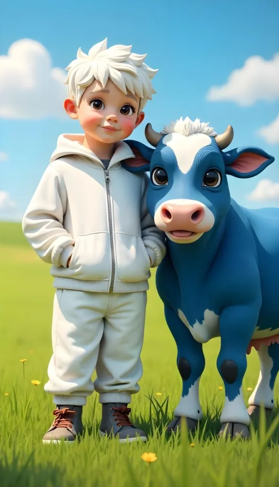 A Caucasian Boy 7 Years Old With White Hair And An White Tracksuit Next To A Blue Cow In A Green Field With A Blue Sky 21 31b8