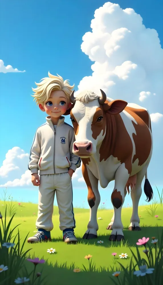 A Caucasian Boy 7 Years Old With White Hair And An White Tracksuit Next To A Blue Cow In A Green Field With A Blue Sky 4 C263