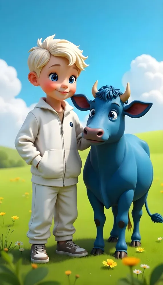 A Caucasian Boy 7 Years Old With White Hair And An White Tracksuit Next To A Blue Cow In A Green Field With A Blue Sky 6 04ec