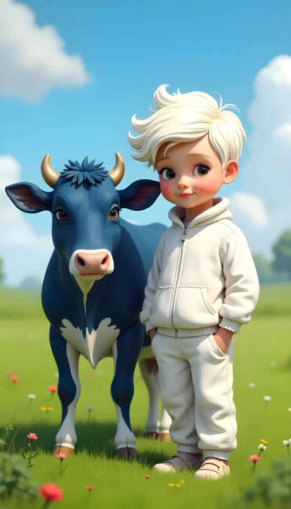 A Caucasian Boy 7 Years Old With White Hair And An White Tracksuit Next To A Blue Cow In A Green Field With A Blue Sky 7 176e