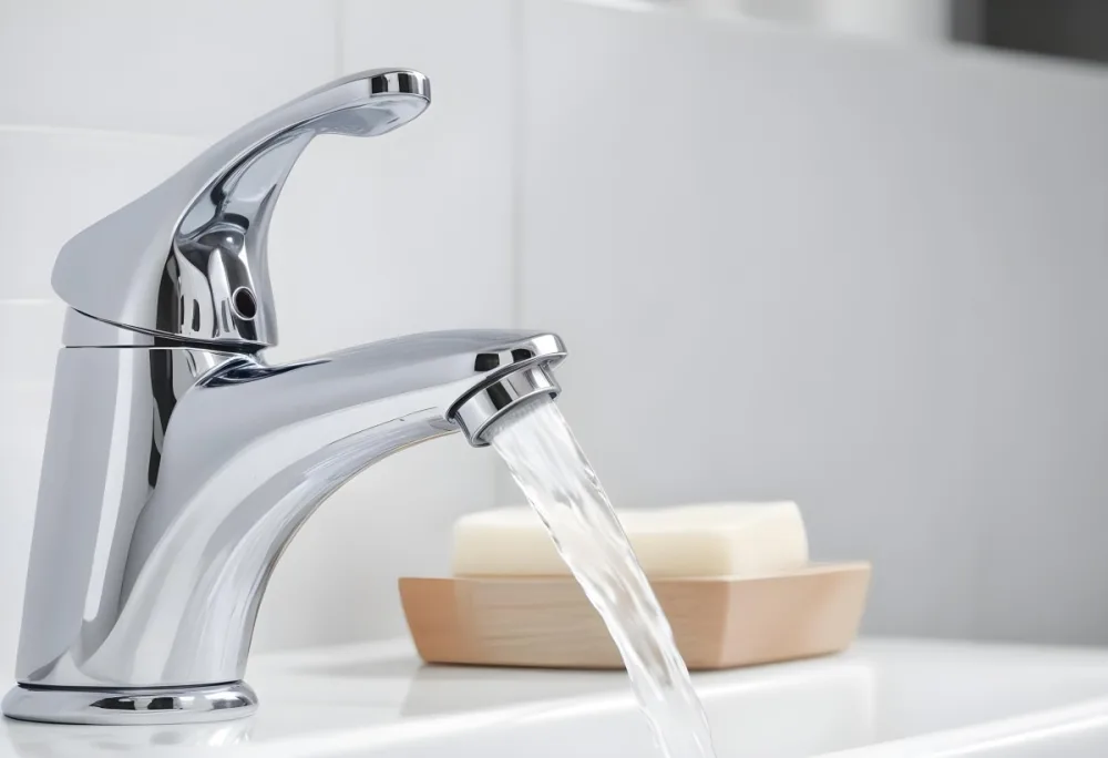 A Chrome Faucet With Water Running In A White Sink With A Soap Dish In The Background 6 D1d4