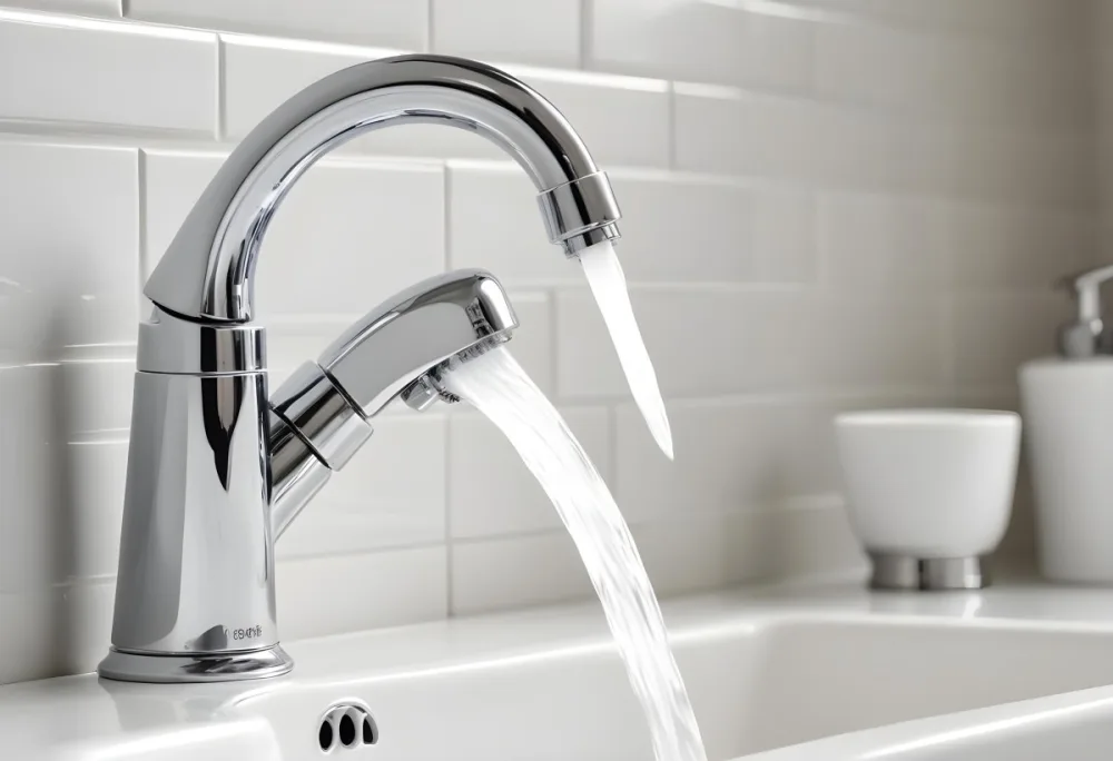 A Chrome Faucet With Water Running In A White Sink With A Soap Dish In The Background 7 B274