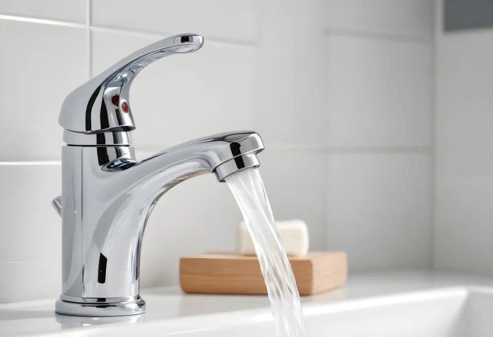 A Chrome Faucet With Water Running In A White Sink With A Soap Dish In The Background 9 Bd93