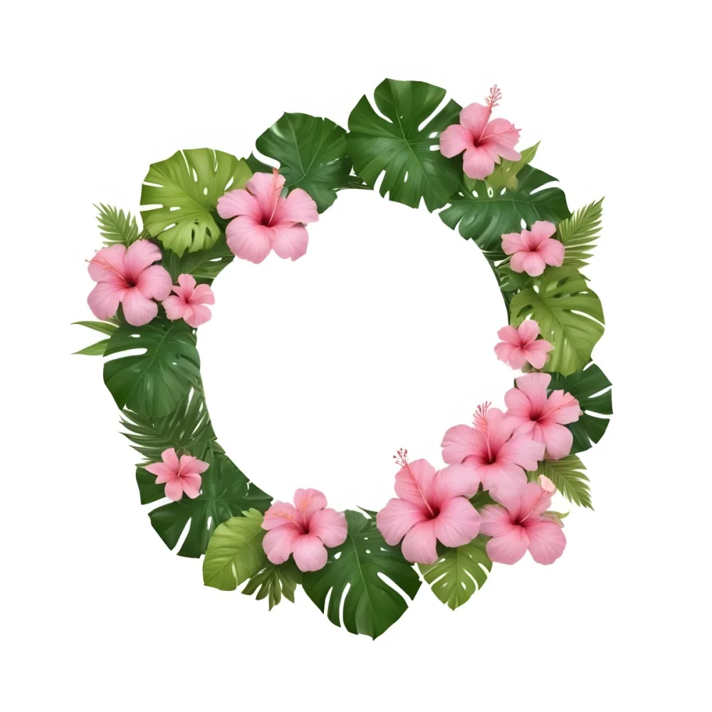 A Circle Of Pink Hibiscus Flowers And Green Monstera Leaves Green Background Botanical Illustration Floral Wreath Tropical Theme Vibrant Colors Watercolor Style Elegant Design Nature Inspired 5 6919