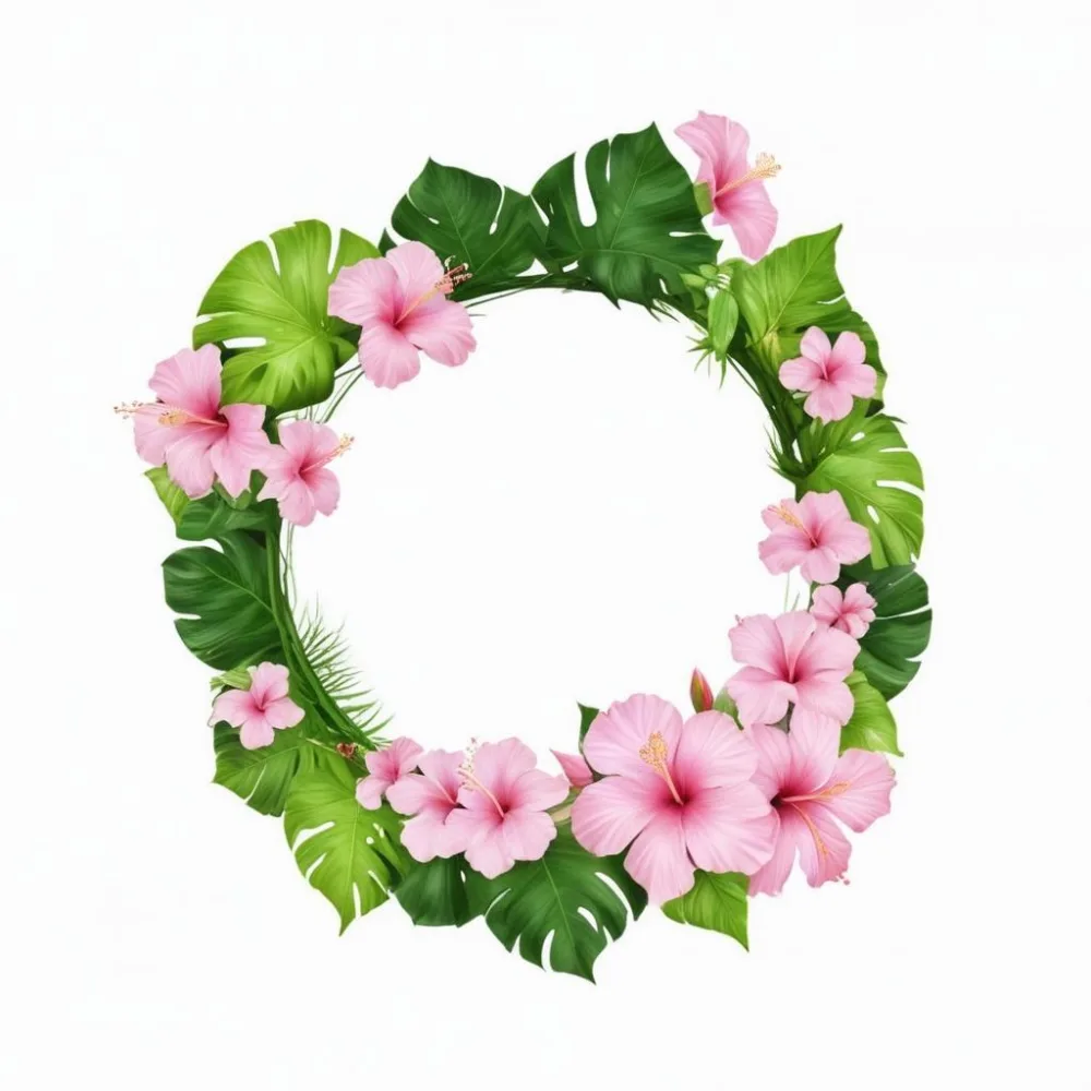 A Circle Of Pink Hibiscus Flowers And Green Monstera Leaves Green Background Botanical Illustration Floral Wreath Tropical Theme Vibrant Colors Watercolor Style Elegant Design Nature Inspired 6 99fe