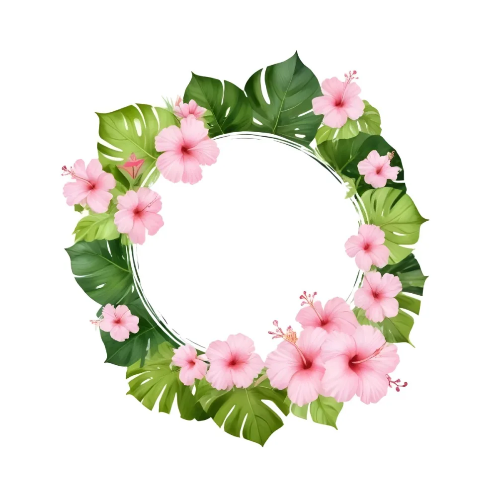 A Circle Of Pink Hibiscus Flowers And Green Monstera Leaves Green Background Botanical Illustration Floral Wreath Tropical Theme Vibrant Colors Watercolor Style Elegant Design Nature Inspired 7 A0af