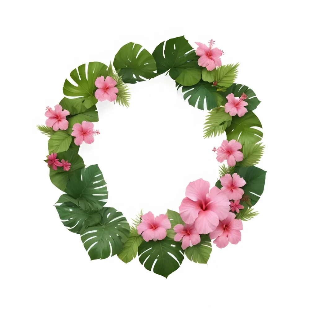 A Circle Of Pink Hibiscus Flowers And Green Monstera Leaves Green Background Botanical Illustration Floral Wreath Tropical Theme Vibrant Colors Watercolor Style Elegant Design Nature Inspired 8 A63e