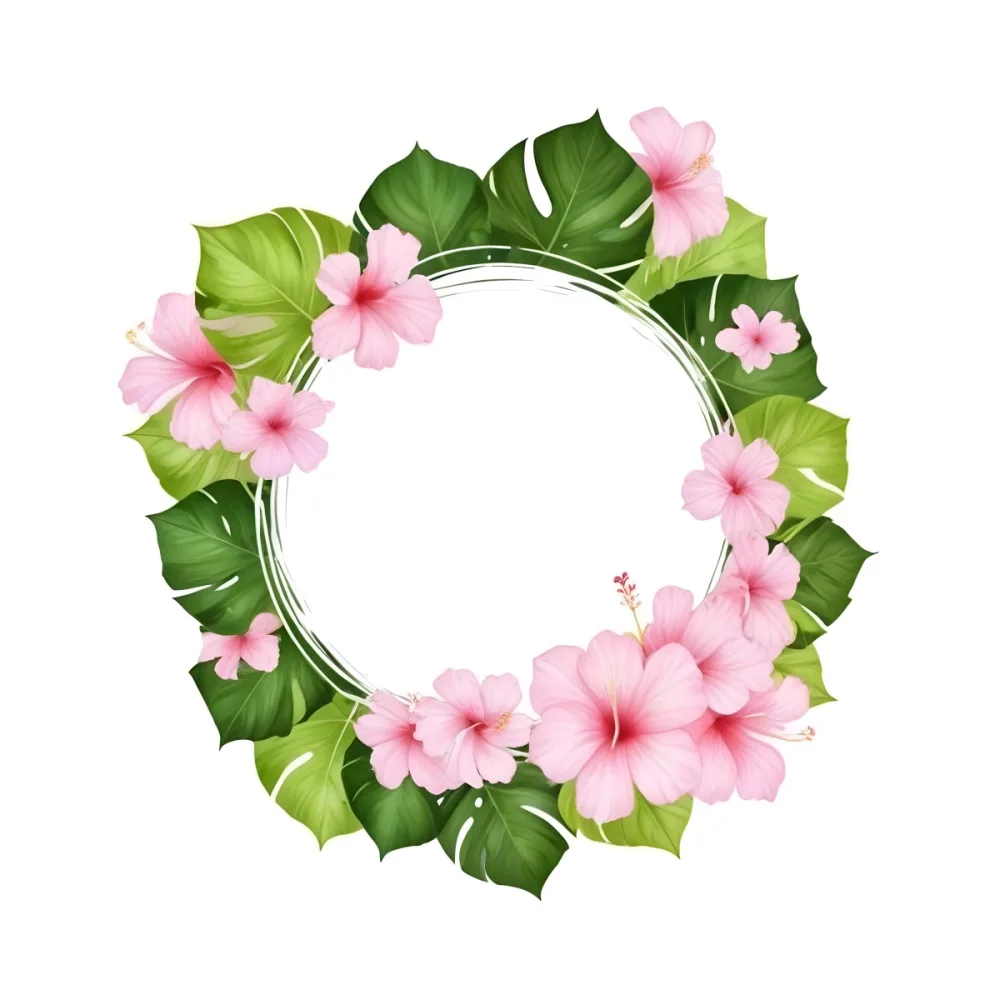 A Circle Of Pink Hibiscus Flowers And Green Monstera Leaves Green Background Botanical Illustration Floral Wreath Tropical Theme Vibrant Colors Watercolor Style Elegant Design Nature Inspired 9 7816