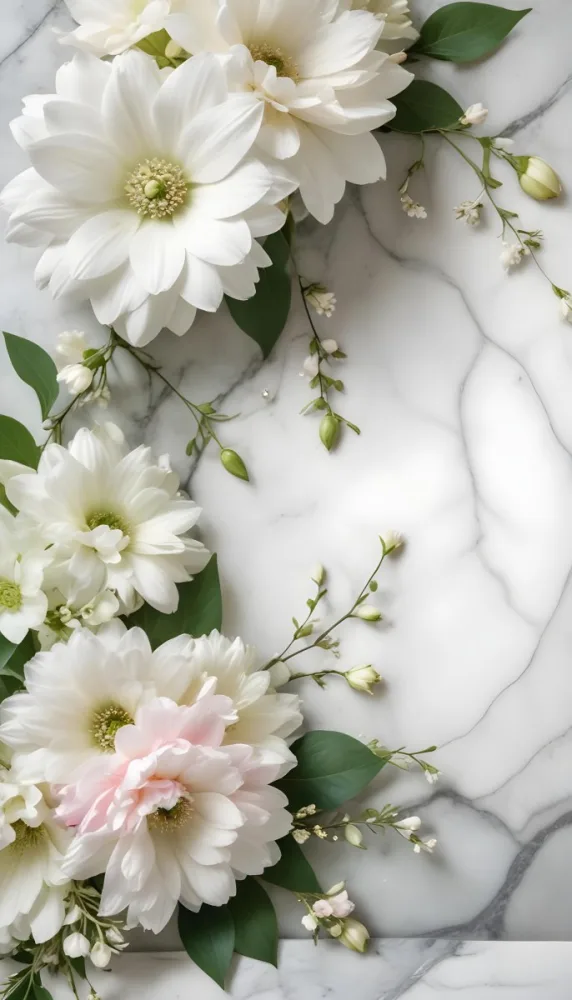 A Close Up Of A Beautiful Floral Arrangement With Large White Flowers Delicate Pink Petals And Green Leaves Against A Soft Blurred Marble Background The Arrangement Is Accented With Silver Jewelry And Gems C 10 F045