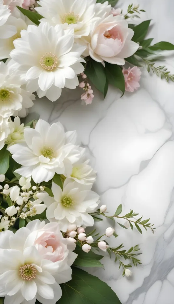 A Close Up Of A Beautiful Floral Arrangement With Large White Flowers Delicate Pink Petals And Green Leaves Against A Soft Blurred Marble Background The Arrangement Is Accented With Silver Jewelry And Gems C 11 Aa71