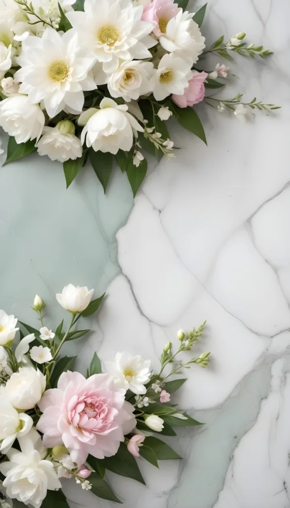 A Close Up Of A Beautiful Floral Arrangement With Large White Flowers Delicate Pink Petals And Green Leaves Against A Soft Blurred Marble Background The Arrangement Is Accented With Silver Jewelry And Gems C 15 5a5f