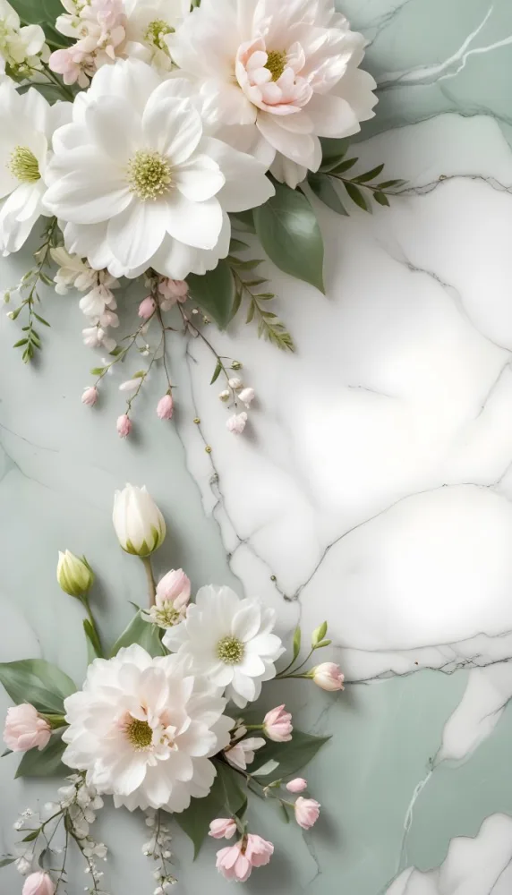 A Close Up Of A Beautiful Floral Arrangement With Large White Flowers Delicate Pink Petals And Green Leaves Against A Soft Blurred Marble Background The Arrangement Is Accented With Silver Jewelry And Gems C 19 B6bb