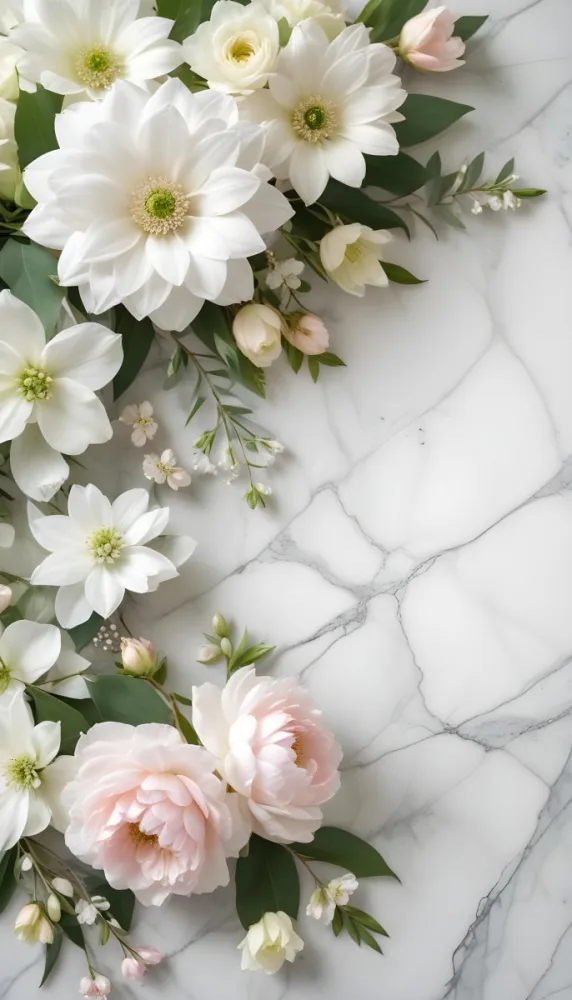 A Close Up Of A Beautiful Floral Arrangement With Large White Flowers Delicate Pink Petals And Green Leaves Against A Soft Blurred Marble Background The Arrangement Is Accented With Silver Jewelry And Gems C 20 E092