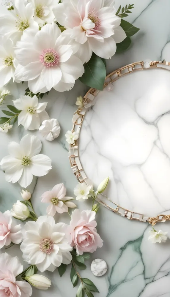 A Close Up Of A Beautiful Floral Arrangement With Large White Flowers Delicate Pink Petals And Green Leaves Against A Soft Blurred Marble Background The Arrangement Is Accented With Silver Jewelry And Gems C 22 5668