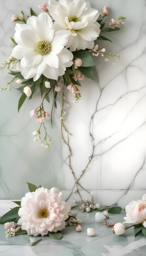 A Close Up Of A Beautiful Floral Arrangement With Large White Flowers Delicate Pink Petals And Green Leaves Against A Soft Blurred Marble Background The Arrangement Is Accented With Silver Jewelry And Gems C 23 E704