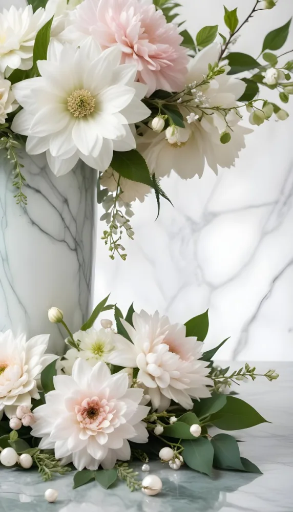 A Close Up Of A Beautiful Floral Arrangement With Large White Flowers Delicate Pink Petals And Green Leaves Against A Soft Blurred Marble Background The Arrangement Is Accented With Silver Jewelry And Gems C 24 13b3