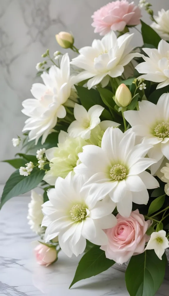 A Close Up Of A Beautiful Floral Arrangement With Large White Flowers Delicate Pink Petals And Green Leaves Against A Soft Blurred Marble Background The Arrangement Is Accented With Silver Jewelry And Gems C 4 037e