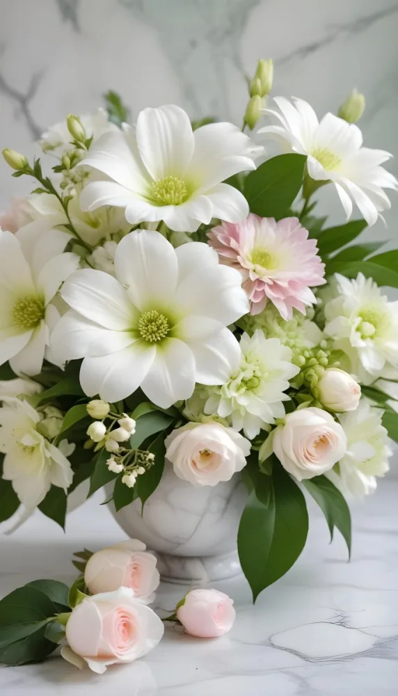 A Close Up Of A Beautiful Floral Arrangement With Large White Flowers Delicate Pink Petals And Green Leaves Against A Soft Blurred Marble Background The Arrangement Is Accented With Silver Jewelry And Gems C 5 Eb84