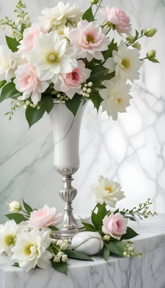 A Close Up Of A Beautiful Floral Arrangement With Large White Flowers Delicate Pink Petals And Green Leaves Against A Soft Blurred Marble Background The Arrangement Is Accented With Silver Jewelry And Gems C 6 E1f1