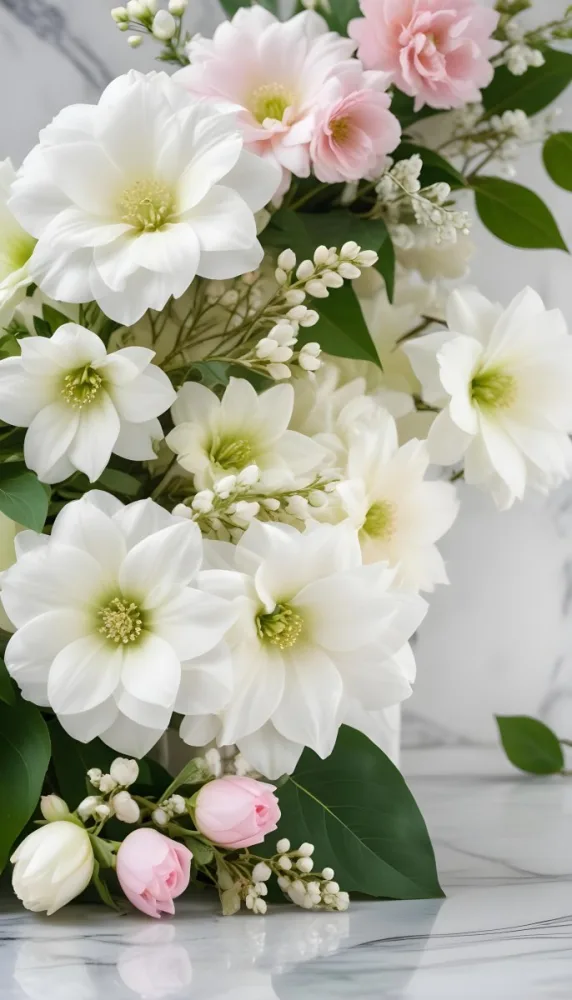 A Close Up Of A Beautiful Floral Arrangement With Large White Flowers Delicate Pink Petals And Green Leaves Against A Soft Blurred Marble Background The Arrangement Is Accented With Silver Jewelry And Gems C 7 2978