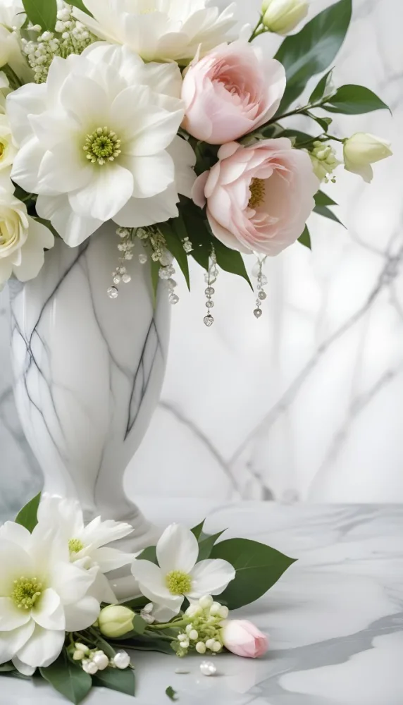 A Close Up Of A Beautiful Floral Arrangement With Large White Flowers Delicate Pink Petals And Green Leaves Against A Soft Blurred Marble Background The Arrangement Is Accented With Silver Jewelry And Gems C 9 171e