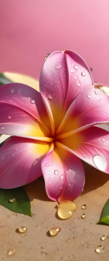 A Close Up Of A Vibrant Pink And Yellow Plumeria Flower With Water Droplets On The Petals Surrounded By Green Leaves In Bright Sunlight 10 6790