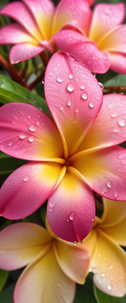 A Close Up Of A Vibrant Pink And Yellow Plumeria Flower With Water Droplets On The Petals Surrounded By Green Leaves In Bright Sunlight 11 8581
