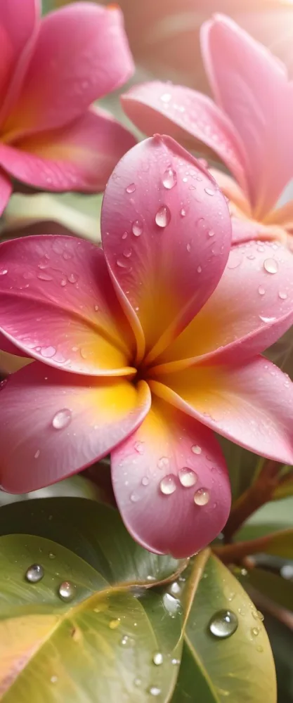 A Close Up Of A Vibrant Pink And Yellow Plumeria Flower With Water Droplets On The Petals Surrounded By Green Leaves In Bright Sunlight 12 Ddbe