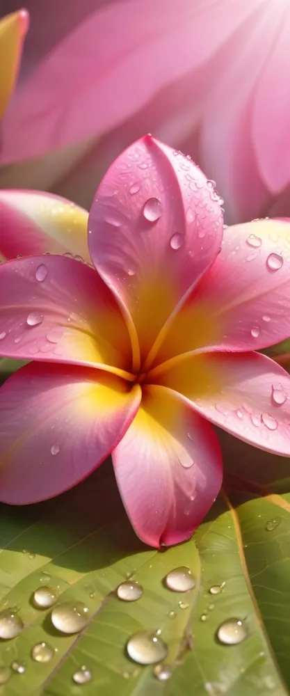 A Close Up Of A Vibrant Pink And Yellow Plumeria Flower With Water Droplets On The Petals Surrounded By Green Leaves In Bright Sunlight 13 7e20
