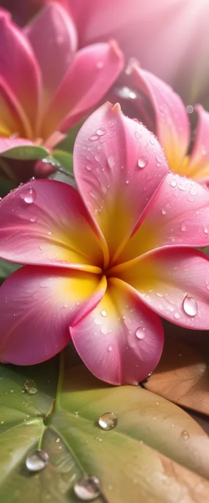 A Close Up Of A Vibrant Pink And Yellow Plumeria Flower With Water Droplets On The Petals Surrounded By Green Leaves In Bright Sunlight 15 7e53